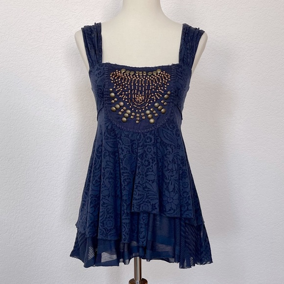 NWOT Free People navy embellished burnout knit top - Picture 2 of 4